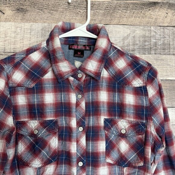 Rock & Roll Cowgirl Western Indian Pearl Snap Long Sleeve Plaid Shirt Sz Medium - Picture 3 of 10